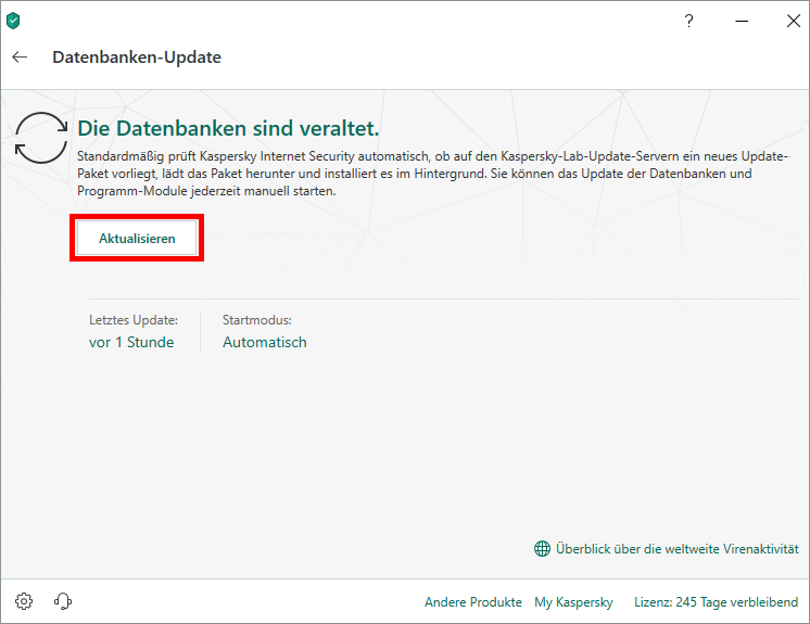 Das Fenster „Datenbanken-Update“ in Kaspersky Internet Security