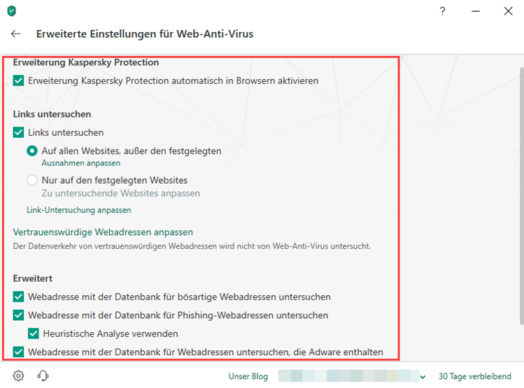 Das Fenster „Erweiterte Einstellungen für Web-Anti-Virus“ in Kaspersky Internet Security