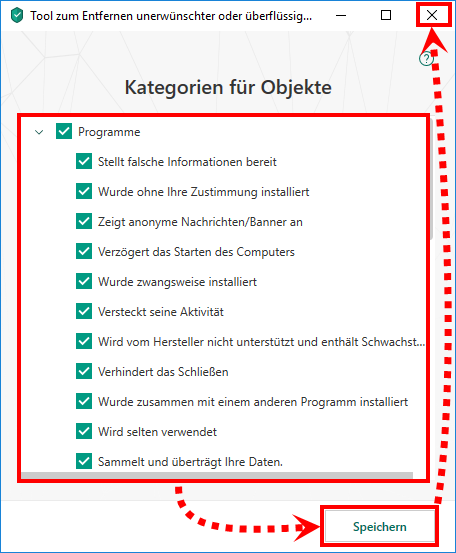 Das Fenster „Kategorien für Objekte“ in Kaspersky Internet Security