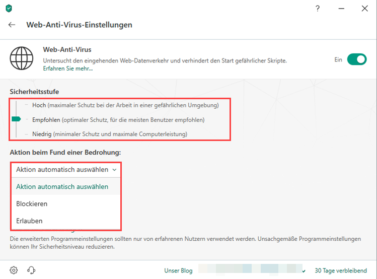 Das Fenster „Web-Anti-Virus-Einstellungen“ in Kaspersky Total Security