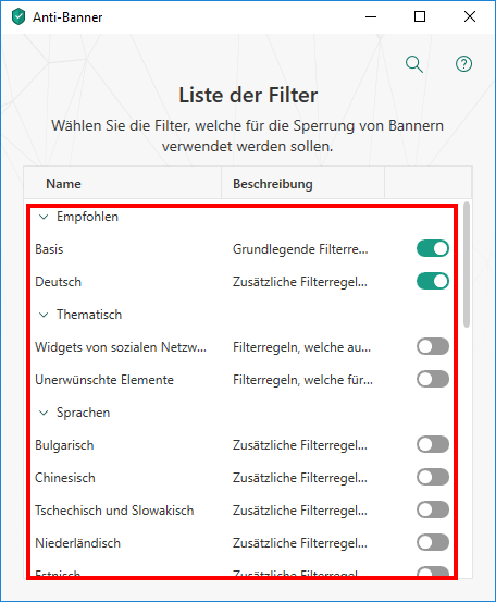 Das Fenster „Liste der Filter“ in den Anti-Banner-Einstellungen in Kaspersky Total Security