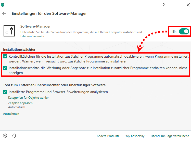 Das Fenster „Einstellungen für den Software-Manager“ in Kaspersky Total Security
