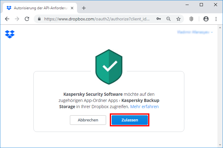 Gewähren des Zugriffs für Kaspersky Security Software auf Dropbox