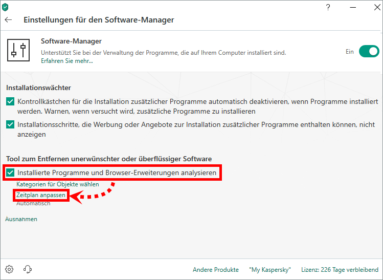 Das Fenster „Einstellungen für den Software-Manager“ in Kaspersky Total Security