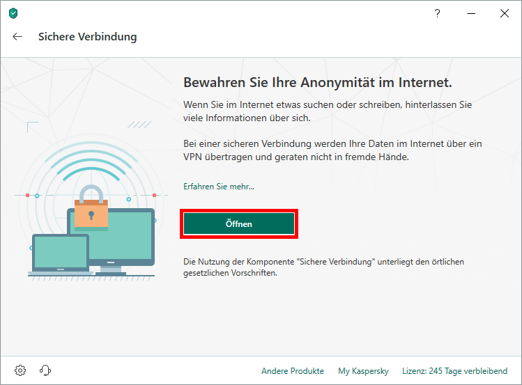 Das Fenster „Sichere Verbindung“ in Kaspersky Internet Security