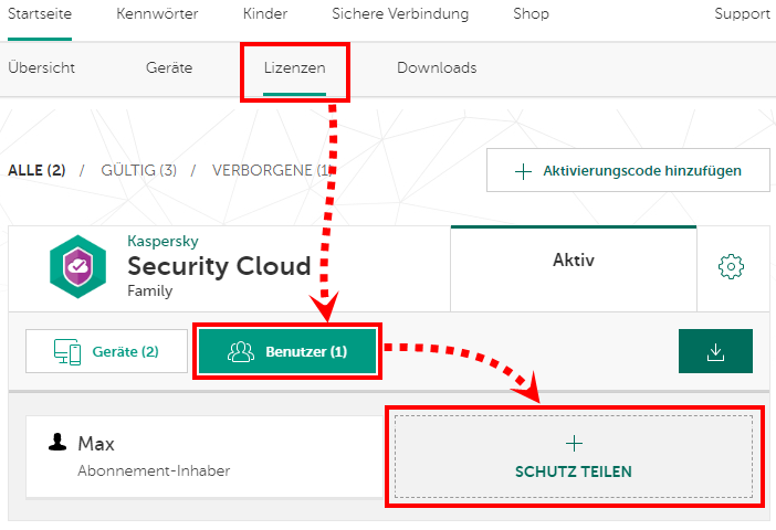 Senden des Abos für Kaspersky Security Cloud 19 an einen anderen Benutzer