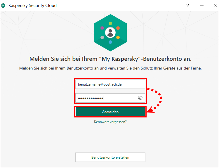 Das Fenster „Melden Sie sich bei Ihrem My Kaspersky-Benutzerkonto ein“ in Kaspersky Security Cloud