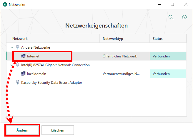 Das Fenster „Netzwerkeigenschaften“ in Kaspersky Security Cloud 19
