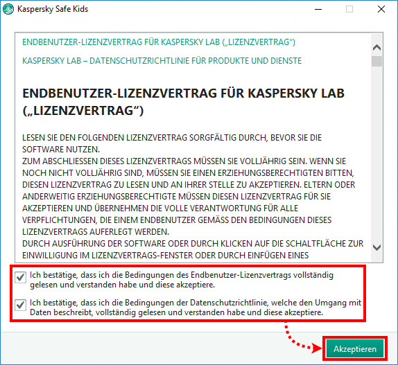 Das Fenster mit dem Text des Endbenutzer-Lizenzvertrags und der Datenschutzrichtlinie von Kaspersky Lab