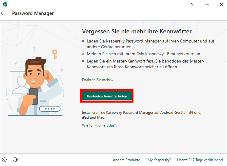 Das Fenster „Password Manager“ in Kaspersky Security Cloud