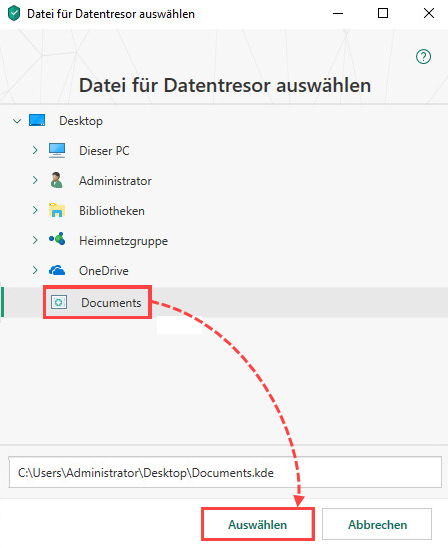 Das Fenster „Datei für Datentresor auswählen“ in Kaspersky Total Security