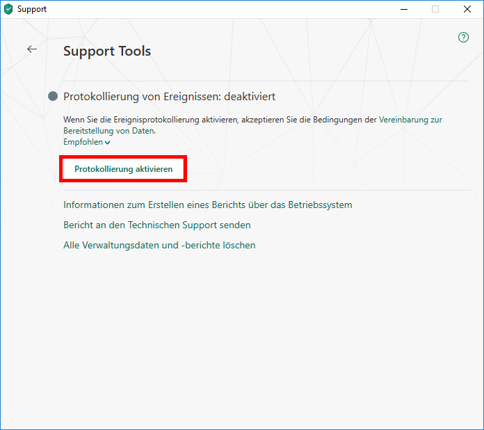 Das Fenster „Support Tools“ in Kaspersky Small Office Security 6