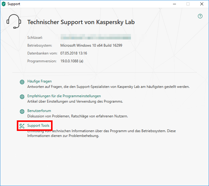 Das Fenster „Technischer Support von Kaspersky Lab“ in Kaspersky Security Cloud 19
