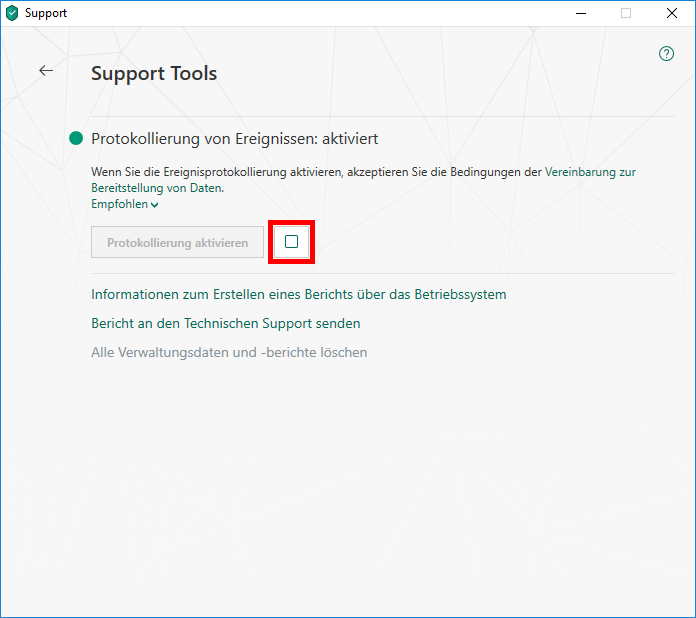 Das Fenster „Support Tools“ in Kaspersky Security Cloud