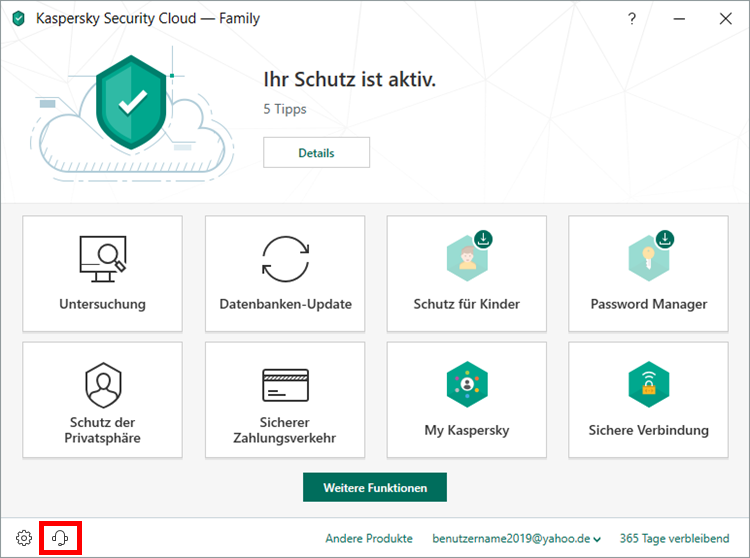 Das Hauptfenster von Kaspersky Security Cloud 19