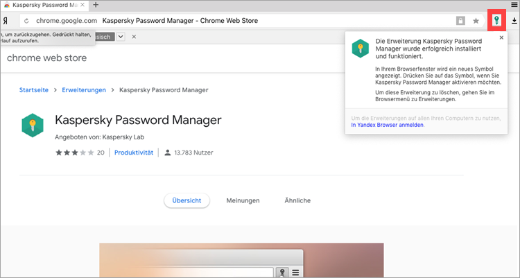 Активация расширения Kaspersky Password Manager в Яндекс.Браузере