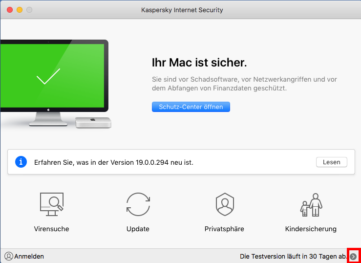 Das Hauptfenster von Kaspersky Internet Security für Mac