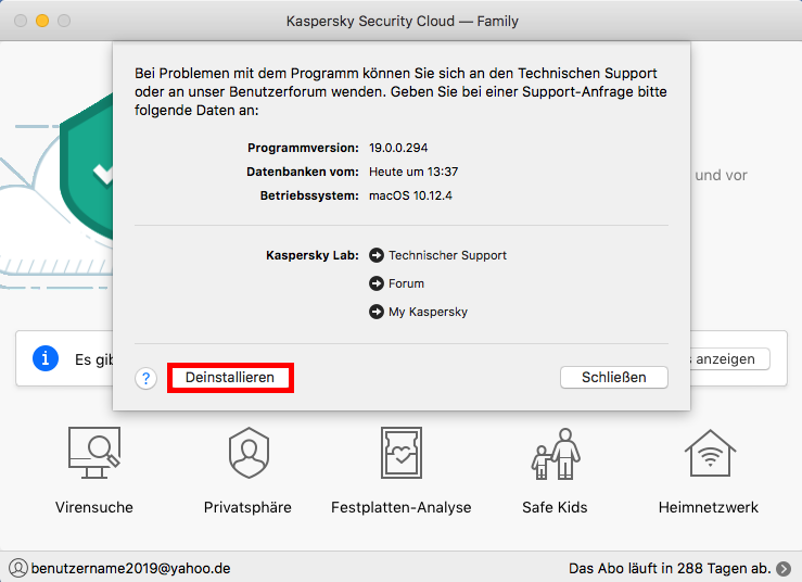Deinstallation von Kaspersky Security Cloud für Mac