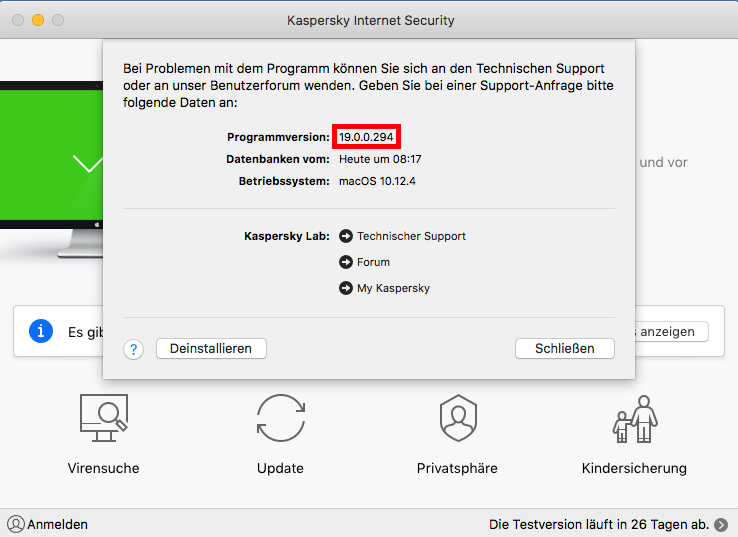 Das Fenster von Kaspersky Internet Security für Mac mit der Versionsnummer
