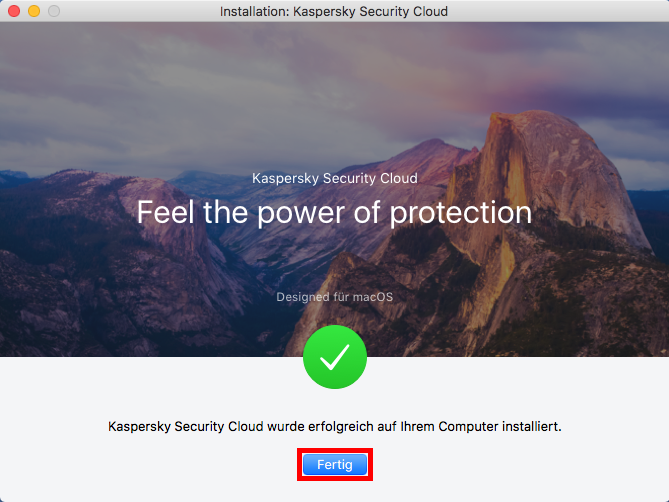 Meldung über erfolgreiche Installation von Kaspersky Security Cloud für Mac