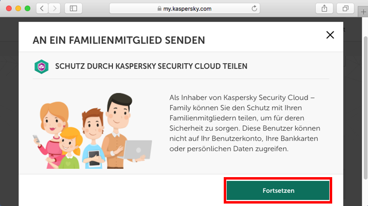Senden des Abos für Kaspersky Security Cloud 19 an einen anderen Benutzer