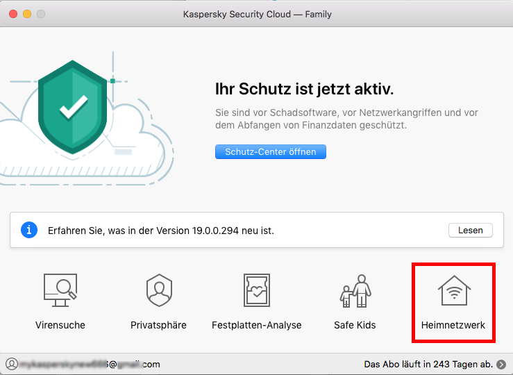 Das Hauptfenster von Kaspersky Security Cloud 19 für Mac