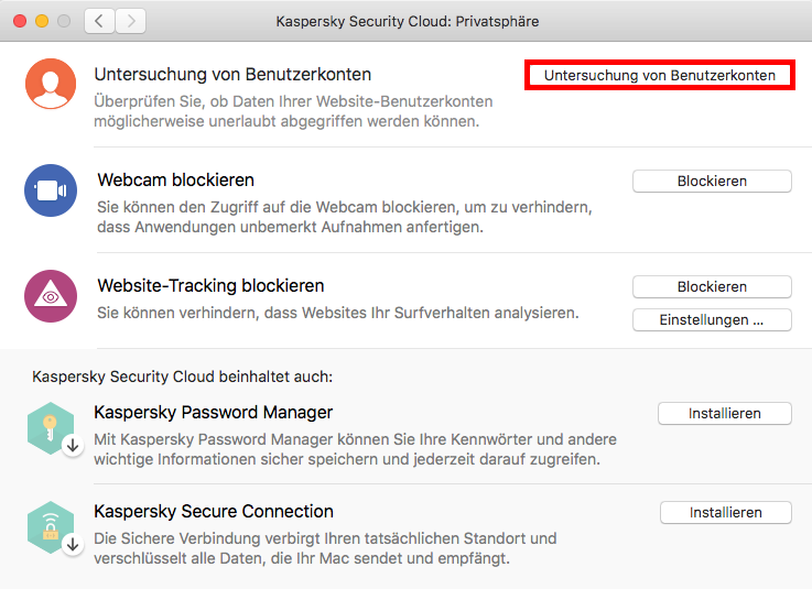 Das Fenster „Privatsphäre“ in Kaspersky Security Cloud für Mac