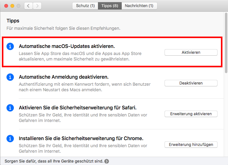 Tipp „Automatische macOS-Updates aktivieren“ in Kaspersky Security Cloud 19 für Mac