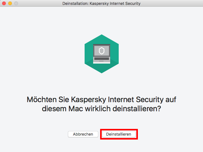 Bestätigen der Deinstallation von Kaspersky Internet Security für Мас