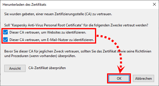 Das Fenster „Herunterladen Zertifikats“ in Mozilla Firefox