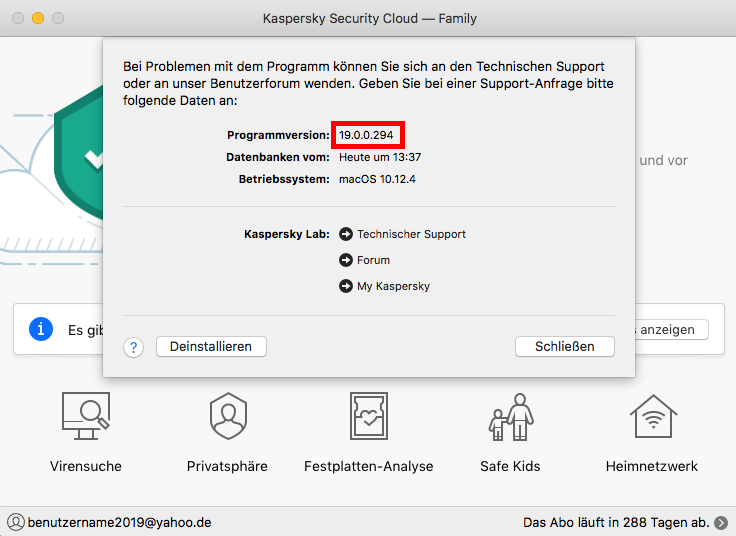Das Fenster von Kaspersky Security Cloud für Mac mit der Versionsnummer