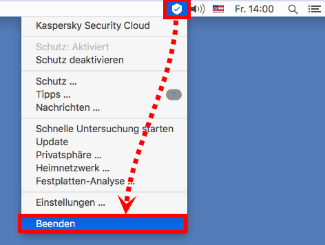 Das Kontextmenü des Symbols von Kaspersky Security Cloud für Mac