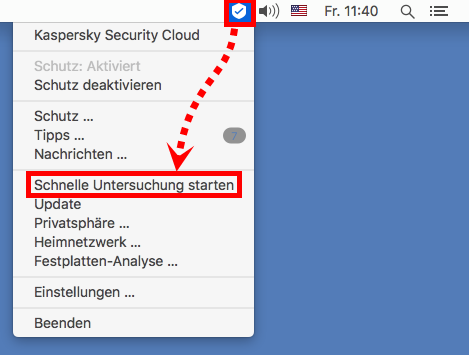 Kontextmenü des Symbols von Kaspersky Security Cloud für Mac