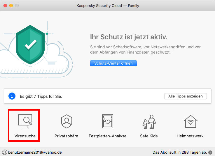 Das Hauptfenster von Kaspersky Security Cloud für Mac