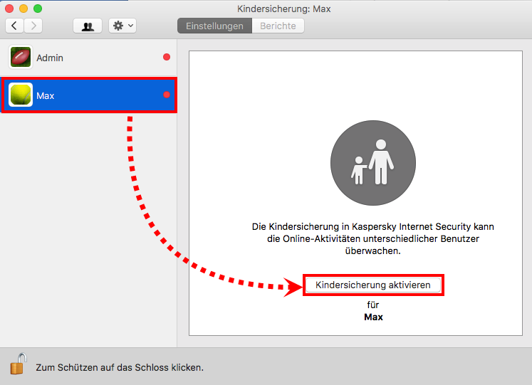 Das Fenster „Kindersicherung“ in Kaspersky Internet Security für Mac