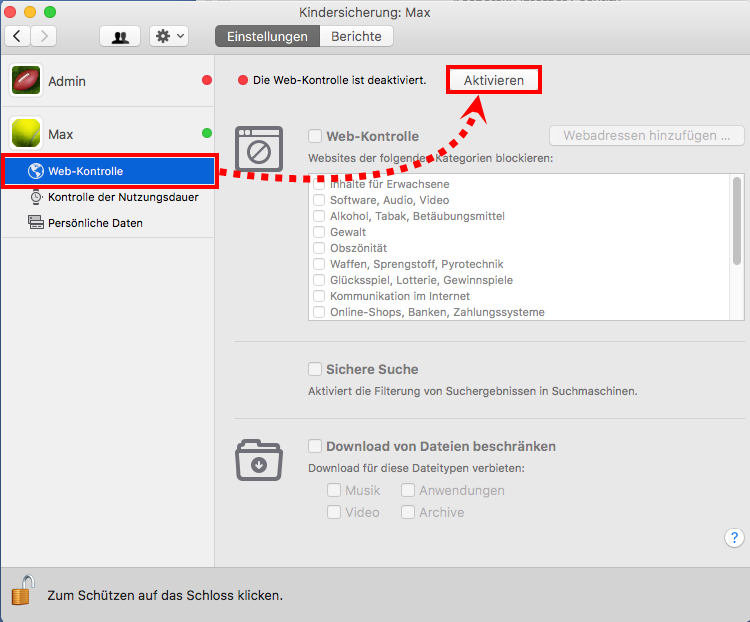 Das Fenster „Kindersicherung“ in Kaspersky Internet Security für Mac