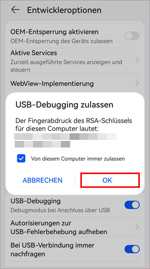 Das Fenster „USB-Debugging zulassen“ auf dem Android-Gerät.