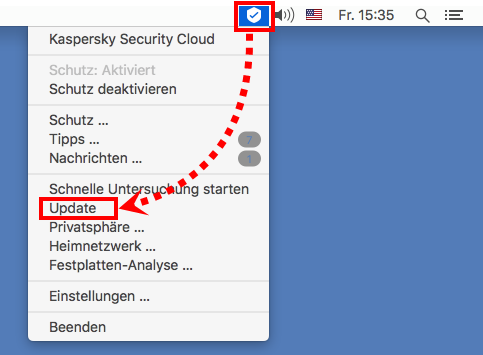 Das Kontextmenü des Symbols von Kaspersky Security Cloud für Mac