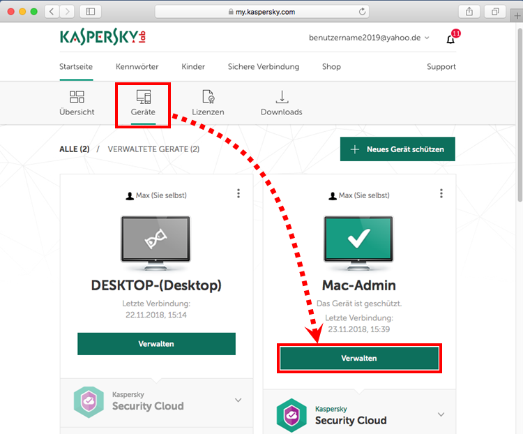 Verwalten des Schutzes von Geräten über My Kaspersky