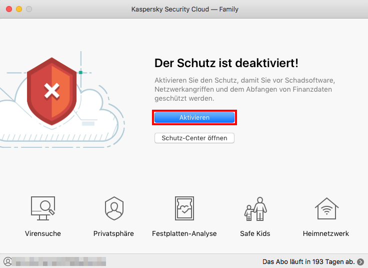 Das Hauptfenster von Kaspersky Security Cloud für Mac