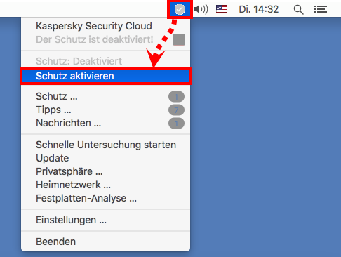 Das Menü des Symbols von Kaspersky Security Cloud für Mac