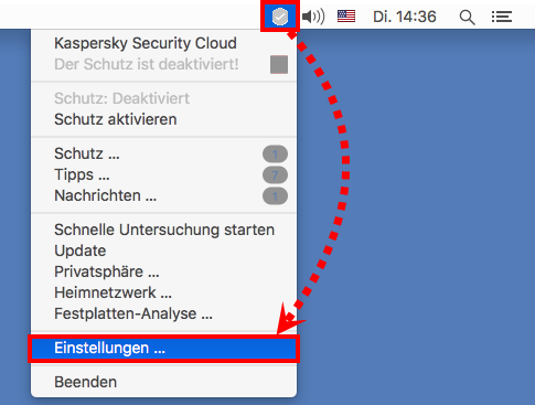 Das Menü des Symbols von Kaspersky Security Cloud für Mac