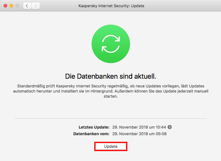 Das Fenster „Update“ in Kaspersky Internet Security für Mac