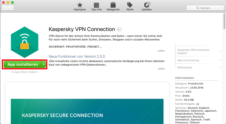 Installieren von Kaspersky Secure Connection für Mac
