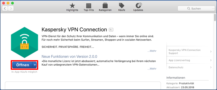 Erster Start von Kaspersky Secure Connection für Mac