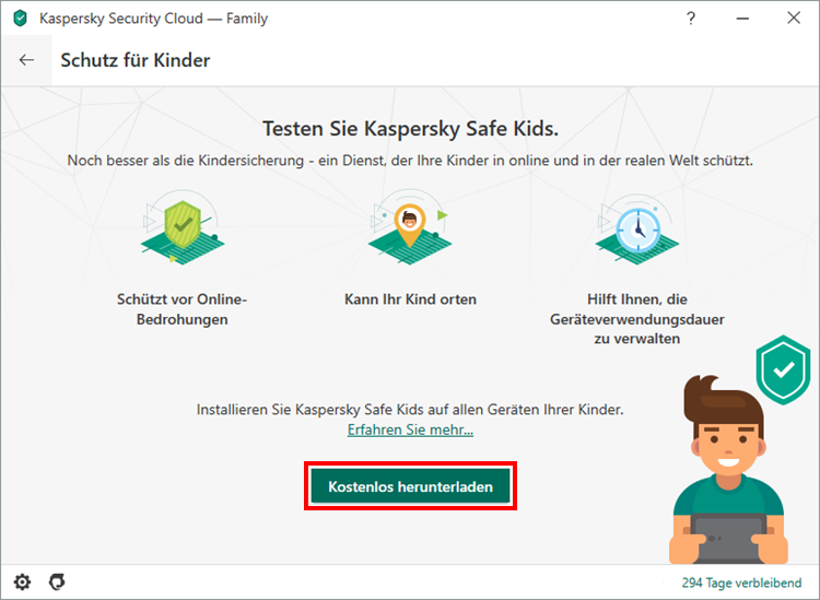 Das Fenster „Schutz für Kinder“ in Kaspersky Security Cloud