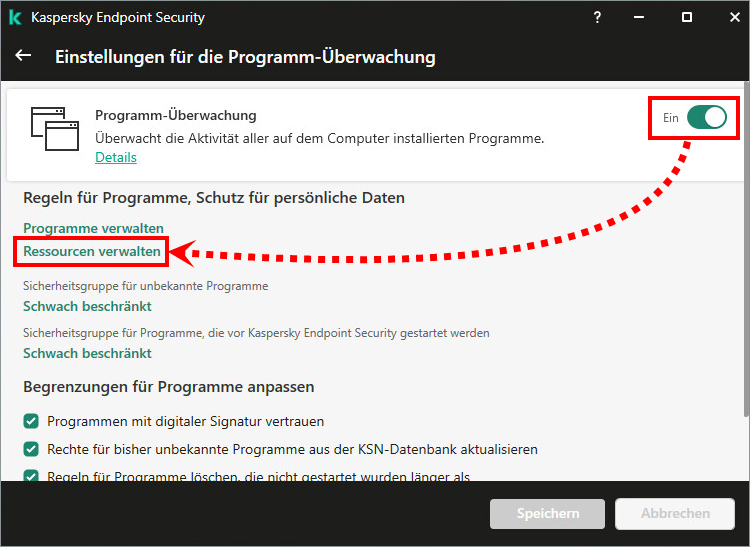 Das Fenster „Einstellungen für die Programm-Überwachung“ in Kaspersky Endpoint Security 11 für Windows