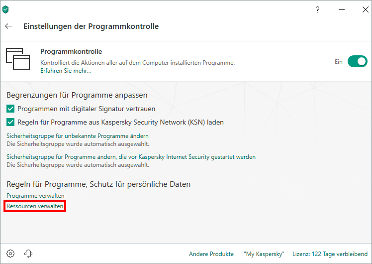 Das Fenster „Einstellungen der Programmkontrolle“ in Kaspersky Security Cloud
