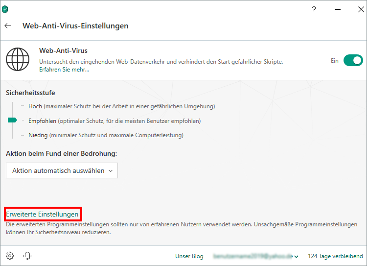 Das Fenster „Web-Anti-Virus-Einstellungen“ in Kaspersky Security Cloud