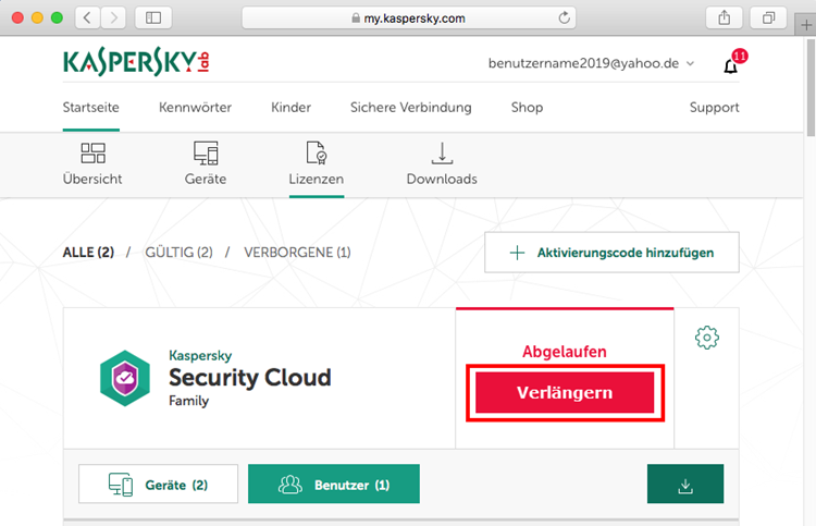 Verlängerung des Abos für Kaspersky Security Cloud bei My Kaspersky